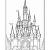A detailed line drawing of a fairy tale castle featuring tall spires, flags, and arched doors, set among stylized trees and bushes.