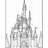 A detailed line drawing of a fantasy castle featuring multiple towers, spires, and flags. The castle has ornate architectural elements, a large entrance with steps leading up, and is surrounded by trees and shrubs, creating a whimsical scene.