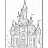 A detailed black and white illustration of a fairy tale castle with multiple towers, pointed roofs, and flags, featuring a wide staircase leading to the entrance surrounded by trees.