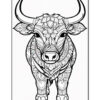 A stylized black and white illustration of a bull adorned with intricate floral and paisley patterns, facing forward with prominent horns and a detailed face.