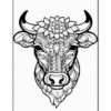 A detailed black and white illustration of a cow's head, adorned with intricate floral patterns and leaves, featuring a prominent flower on top of its forehead.