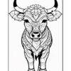 An intricately designed black-and-white illustration of a cow, featuring detailed floral patterns and ornamental motifs on its body, set against a plain background.