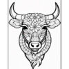 A stylized black and white drawing of a bull's head adorned with intricate floral patterns and details, showcasing the horns and symmetrical designs around the face and neck area.