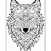A detailed line art illustration of a wolf's face, featuring intricate patterns in the fur and surrounding elements, suitable for coloring.
