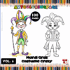 Cover for a Mardi Gras-themed coloring book featuring a jester character in a colorful costume and a child holding a mask, with the title 'Mardi Gras costume crazy' on a purple background and colorful pencil illustrations border.