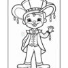 A cartoonish character in a large, decorative top hat adorned with beads, wearing a tuxedo with a bow tie and pants, standing with one hand raised in a welcoming gesture. The character has a playful, cheerful expression.