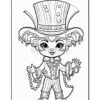A line art illustration of a whimsical character wearing a tall, decorated top hat, complete with curly hair and large expressive eyes. The character is dressed in a fancy coat with a bow tie and striped pants, holding beaded necklaces in both hands.