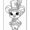 A cartoon character resembling a cheerful mouse wearing a tall hat decorated with a feather, bow tie, and fancy outfit with ruffled sleeves and boots, presented in a black and white coloring page style.