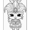 A cute cartoon character with large eyes, wearing an elaborate feathered headdress and decorative jewelry. The character has a playful smile and is dressed in a fancy costume featuring ruffles and gems, suitable for a festive occasion. The image is outlined in black and designed for coloring.