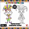 A promotional image for a coloring book titled 'Mardi Gras Costume Crazy,' featuring a colorful design with illustrations of a child in a festive costume with a feathered headdress and a playful expression, alongside a black and white outline version of the same character for coloring. The background includes colored pencil graphics and the text highlights '100 PAGES' and 'VOL: 2.'