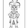 A cheerful jester character with a large, pointed hat featuring bells, wearing a detailed costume with a ruffled collar and buttons, standing with hands on hips in a confident pose. The image is in black and white, suitable for coloring.