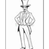 A stylish cartoon character in a top hat and formal attire, smiling confidently with hands on hips, featuring a bow tie and tailcoat, standing against a plain background.