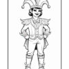 A cartoon character dressed as a jester, wearing a jester hat with pointed ends, a decorated coat with shoulder epaulettes, and bow-tied pants and shoes, standing confidently with hands on hips and a broad smile.