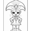 A cartoon character in a jester costume with a large hat, purple and teal accents, wearing a decorative necklace and bowtie, standing confidently with hands on hips and a playful expression. The image is an outline drawing, suitable for coloring.