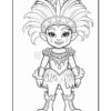 A cartoon character with large, colorful feathered hair, wearing a decorated headband and jewelry, in a costume featuring a ruffled skirt and boots, standing confidently with a cheerful expression. The image is in black and white, suitable for coloring.