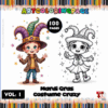 A colorful cover for a Mardi Gras coloring book, featuring two cartoon characters: a boy wearing a colorful jester hat and a girl in a matching costume, surrounded by stars and the text 
