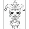 A black and white cartoon character dressed in a jester costume with a decorative hat, large expressive eyes, and pearl accessories, standing with a cheerful expression.