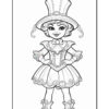 A line drawing of a girl dressed in a fancy costume with a large top hat, a ruffled collar, and a puffy skirt decorated with swirls. She stands confidently with one hand on her hip, showcasing playful shoes and an expressive facial expression.