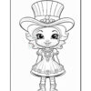 A line drawing of a cartoon girl wearing a large top hat adorned with pearls, a decorated dress with a frilly hem, and accessories including a necklace and bracelets, standing with a cheerful expression.