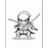 A cartoon ninja character in a fighting stance, wielding a sword and wearing a traditional ninja outfit, complete with a hood and mask, set against a plain white background.