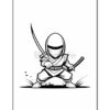 A cartoon ninja character crouching in a battle stance, holding a sword with both hands, wearing a traditional ninja outfit and a hood that covers most of their face, surrounded by blades of grass.