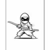 A cartoon-style ninja character stands in a combat pose, holding a katana sword, wearing a hood and mask, with an intense expression, against a plain white background.
