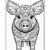 An intricately designed black and white illustration of a pig, featuring various floral patterns and details throughout its body, with a large flower on its forehead and a detailed snout, set against a plain background.