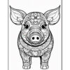 A detailed line drawing of a pig, decorated with intricate floral patterns and designs, viewed head-on with large expressive eyes and prominent ears.