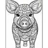 A detailed line drawing of a pig, decorated with intricate floral patterns and designs, facing forward with large ears and expressive eyes.