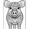 A detailed black and white illustration of a pig adorned with intricate floral designs and patterns, standing upright with a cheerful expression and large ears.