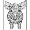 A detailed black and white illustration of a pig adorned with intricate floral patterns, featuring a large flower on its forehead and decorative elements in its ears and body.