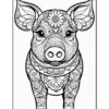 A detailed line art illustration of a pig adorned with intricate floral patterns, facing forward with prominent ears and big eyes.