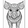 A detailed black and white illustration of a pig decorated with floral patterns, featuring large ears, expressive eyes, and a prominent snout, set against a plain background.