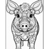 A detailed black and white illustration of a decorative pig, adorned with floral patterns and intricate designs, standing front-facing against a plain background.