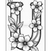 The letter 'U' adorned with intricate floral designs, featuring leaves and blossoms in a decorative style suitable for coloring.