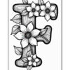 An illustrated uppercase letter 'F' designed with a wood texture, adorned with flowers and leaves.