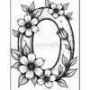 A decorative letter 'O' surrounded by detailed flowers and leaves, presented in black and white, suitable for coloring.