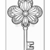 A black and white coloring page featuring a decorative key shaped like a flower, with intricate petal designs and a circular head, extending into a traditional key shaft.