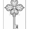 An intricately designed coloring page featuring a key with a floral head, consisting of petal-like shapes and a round center, attached to a long, straight shaft.