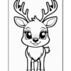 A cute cartoon reindeer with large expressive eyes, small ears, and a cheerful smile, featuring a set of antlers and a fluffy tail, standing on a plain background, ready for coloring.