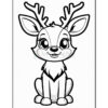 A cute cartoon-style illustration of a sitting deer with large expressive eyes and antlers, designed for coloring. The deer has a friendly smile and a fluffy neck, set against a plain white background.