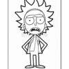 Line drawing of a cartoon character with spiky hair, a shocked expression, wearing a lab coat, and standing with arms crossed.