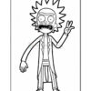 Line art drawing of a cartoon character with spiky hair and a lab coat, standing with one hand raised in a peace sign and an exaggerated facial expression of surprise or anger. The character has a serious demeanor and appears ready for action.