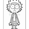 A black and white outline drawing of a cartoon character with spiky hair, large eyes, and wearing a lab coat, standing with a neutral expression.