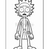A black-and-white line drawing of a cartoon character with spiky hair, wide eyes, and an expression of concern, wearing a lab coat, a belt, and casual shoes, standing with arms slightly outstretched.