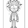 A line art drawing of a cartoon character with spiky hair and an anxious expression, wearing a lab coat, a shirt, and pants, standing against a circular background.