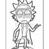 A line art illustration of a character with spiky hair and glasses, dressed in a lab coat and standing with one hand raised, resembling a cartoon scientist on a round base, intended for coloring.