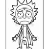 A black and white line drawing of a cartoon character with spiky hair, a lab coat, and an expressive face, standing with arms outstretched.