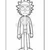 Line art illustration of a cartoon character with spiky hair, wearing a lab coat, standing in a neutral pose with a serious expression.
