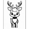A cute cartoon reindeer with large antlers, big eyes, and a friendly smile, standing upright with a short neck and fluffy underbelly. The drawing is outlined in black on a white background, suitable for coloring.
